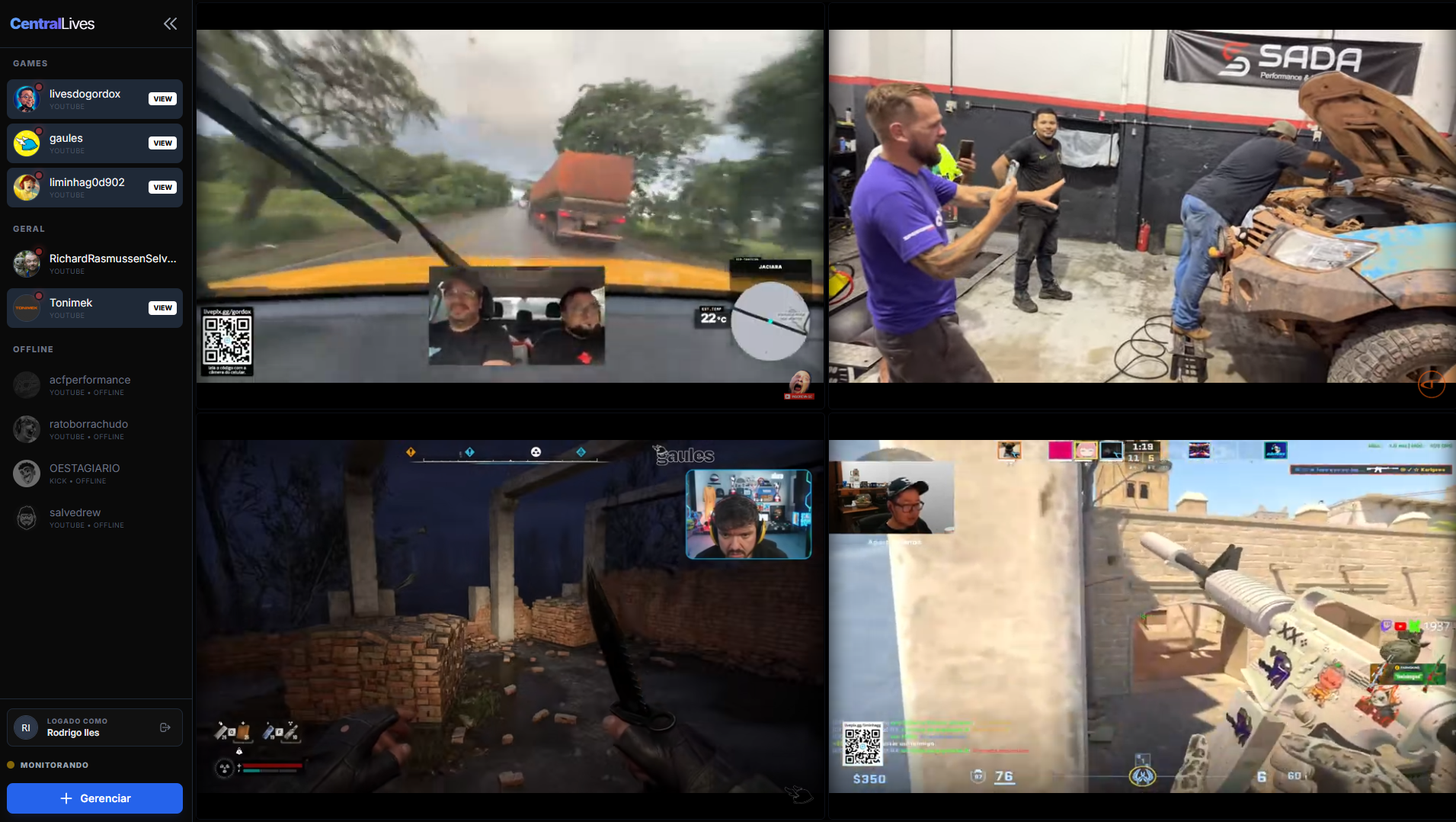 Painel Central de Lives